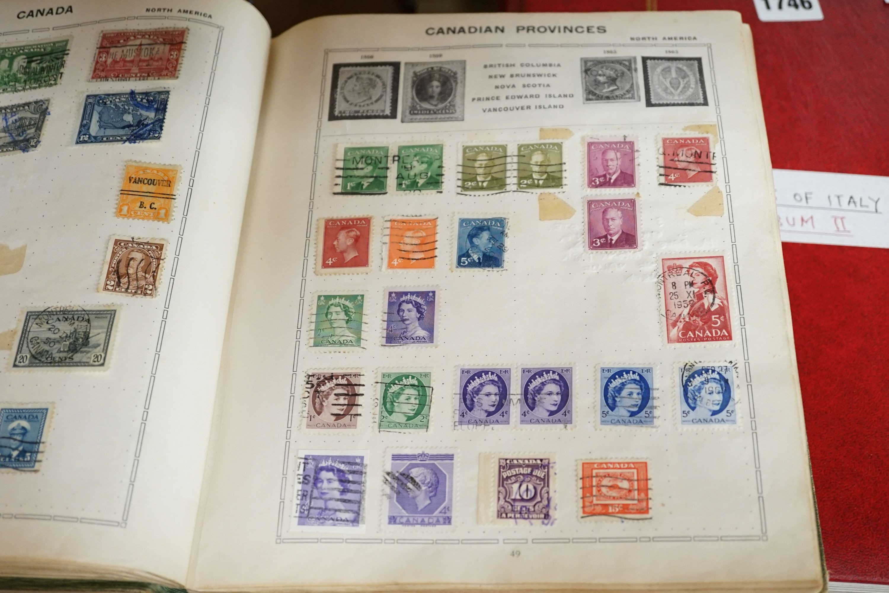 World stamps in 6 albums including Lincoln and Triumph album with G.B. 1841 1d red, browns and 2d blues used, 1d red plate 138 mint block of 6, British Commonwealth, Hong Kong, New Zealand 1858 1sh. emerald green used, S